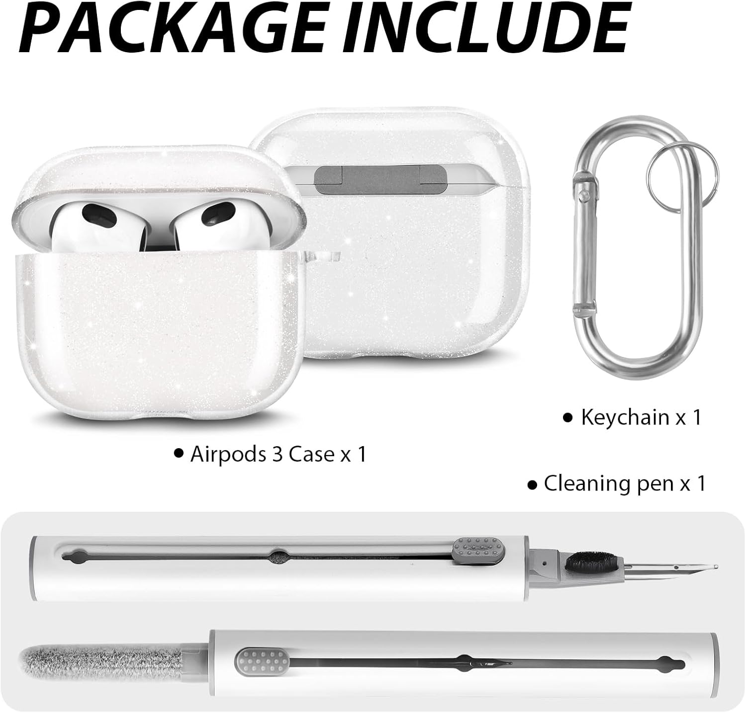 AIRSPO Funda para Airpods de 3 generación, funda para AirPods 3 con kit de limpieza, funda protectora de TPU transparente con purpurina para Apple