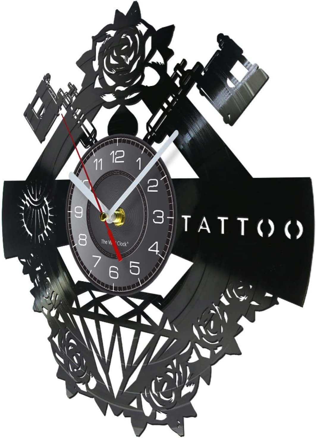 Reloj de pared decorativo de 12 pulgadas, letrero de estudio de tatuaje, nombre personalizado, disco de vinilo silencioso, reloj de pared, máquina