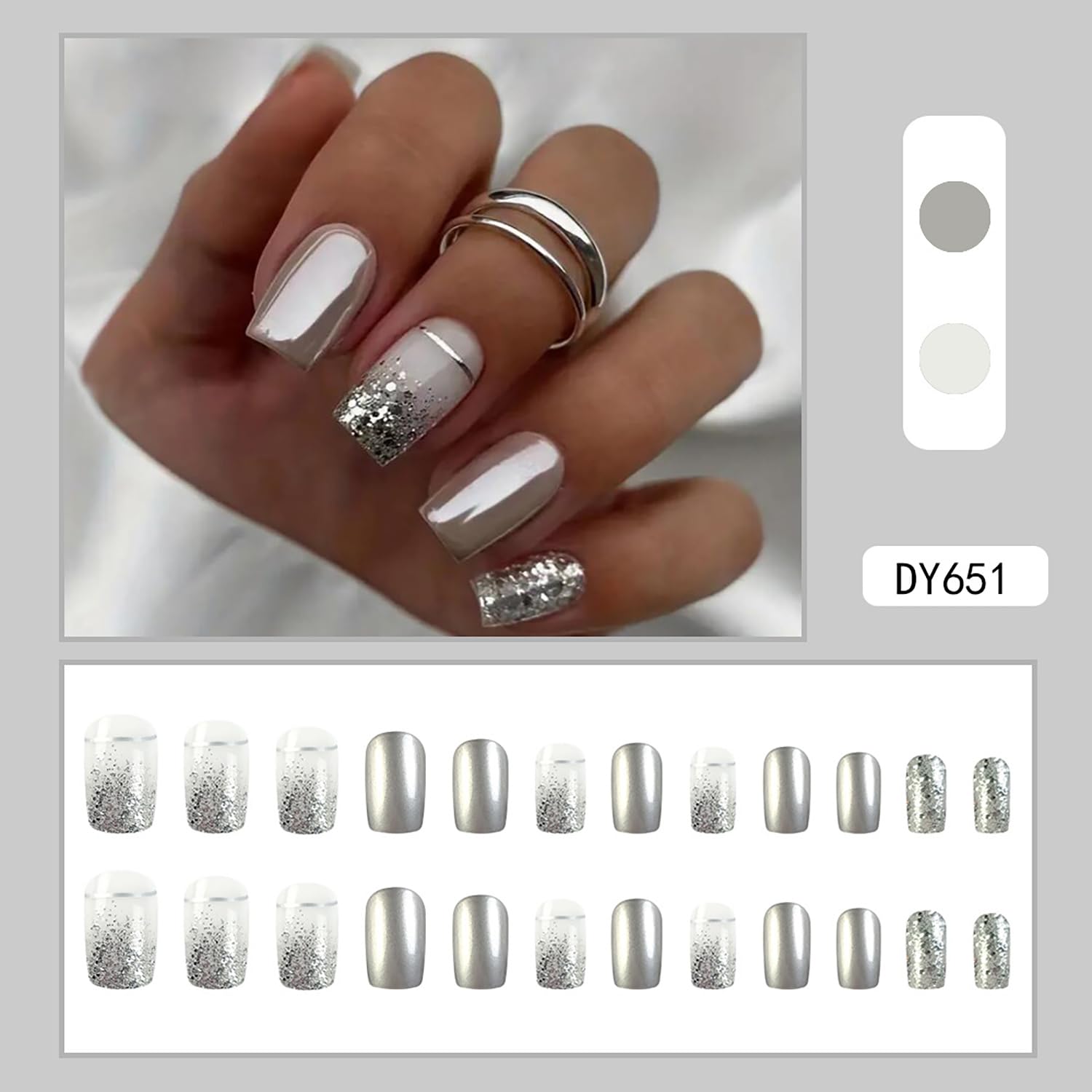 24 uñas postizas cuadradas de color plateado brillante, de cobertura completa, con diseños de purpurina plateada, uñas postizas acrílicas con