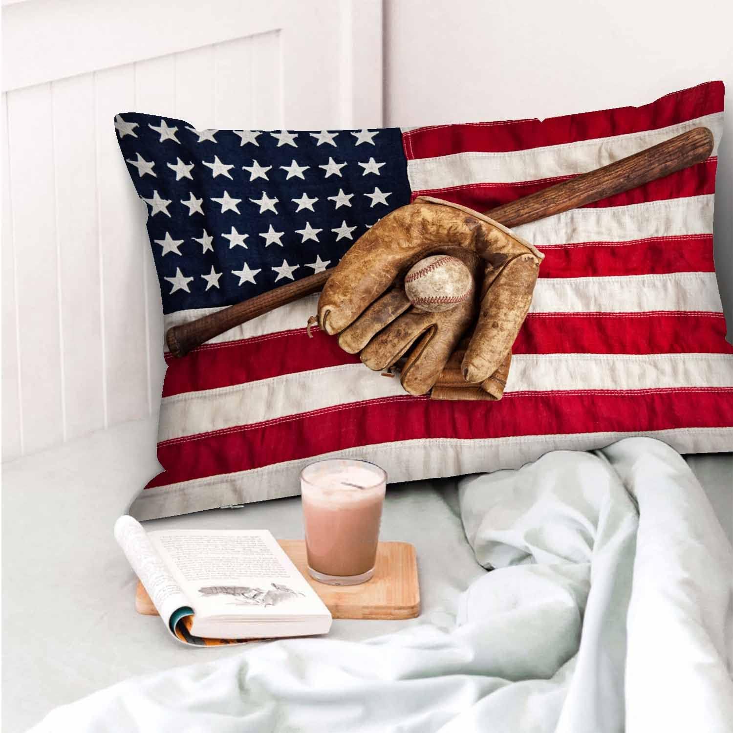 Funda de almohada de béisbol antiguo con bandera estadounidense de Estados Unidos, funda de almohada decorativa para sofá, cama, vida para niñas y