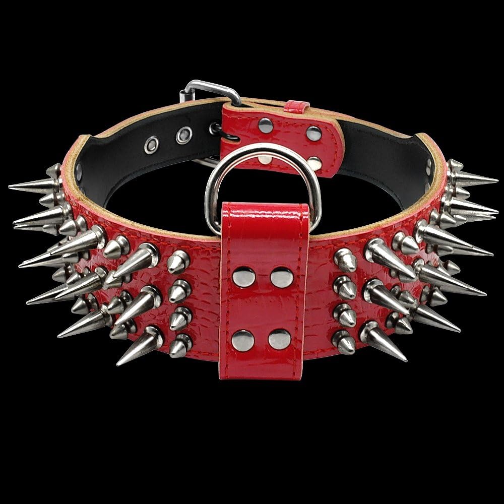 PET ARTIST Collares de perro de cuero genuino de lujo de 2 pulgadas de ancho con tachuelas para perros medianos y grandes, rojo, XL, cuello para