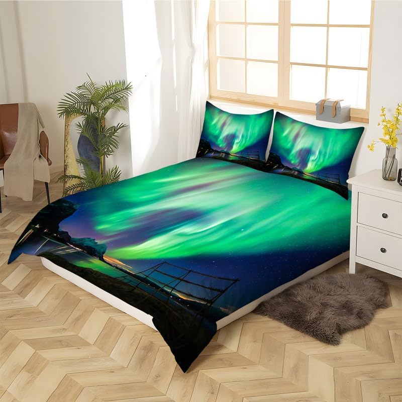 Dark Blue Aurora Twin Duvet Cover Landscape Print Twin Bedding Sets Soft Microfiber Comforter Cover and 2 Pillow Shams 20″X26″, Bed Set Duvet Covers