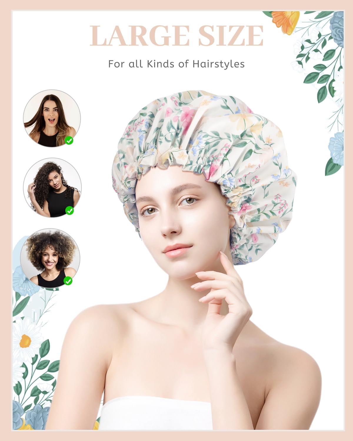 Aquior Gorro de ducha impermeable de doble capa para mujer, gorro de ducha grande reutilizable para todas las longitudes de cabello con forro de