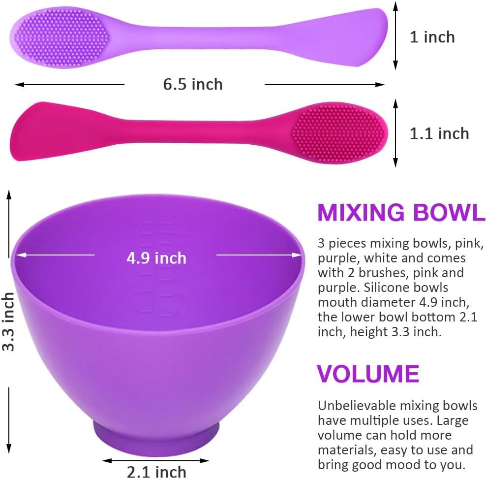 Juego de 5 cuencos de silicona, 3 tazones de mezcla de 0.49 cuartos de galón y 2 cepillos de silicona para mascarilla, cuencos de silicona para