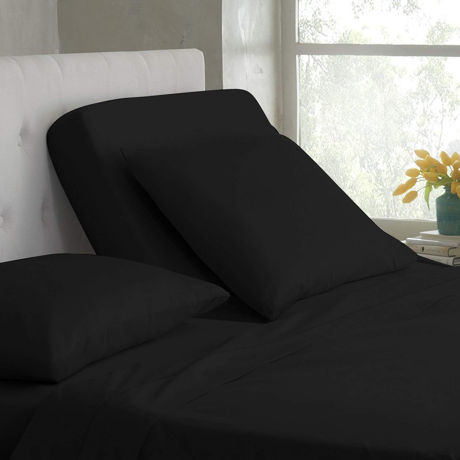 Split Queen  100% algodón Split Top-Queen (sábana bajera ajustable tamaño Queen tamaño queen) 600 hilos, negro sólido, tejido satinado, bolsillo