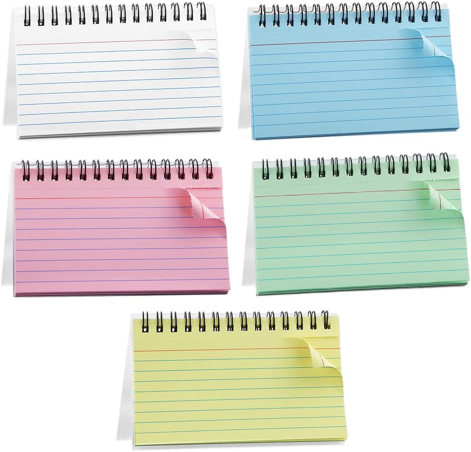 Paquete de 5 tarjetas de índice, 250 hojas de 3 x 5 pulgadas, tarjetas flash con forro multicolor de fácil desgarro, tarjetas de registro de