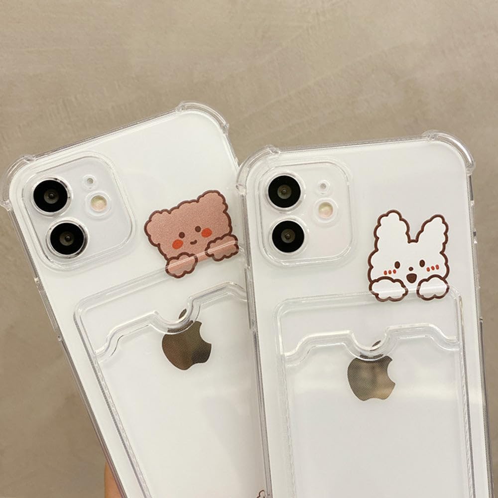 Casechics Funda compatible con iPhone, bonita funda de conejo de dibujos animados Kawaii, transparente, con ranura para tarjetas de crédito,