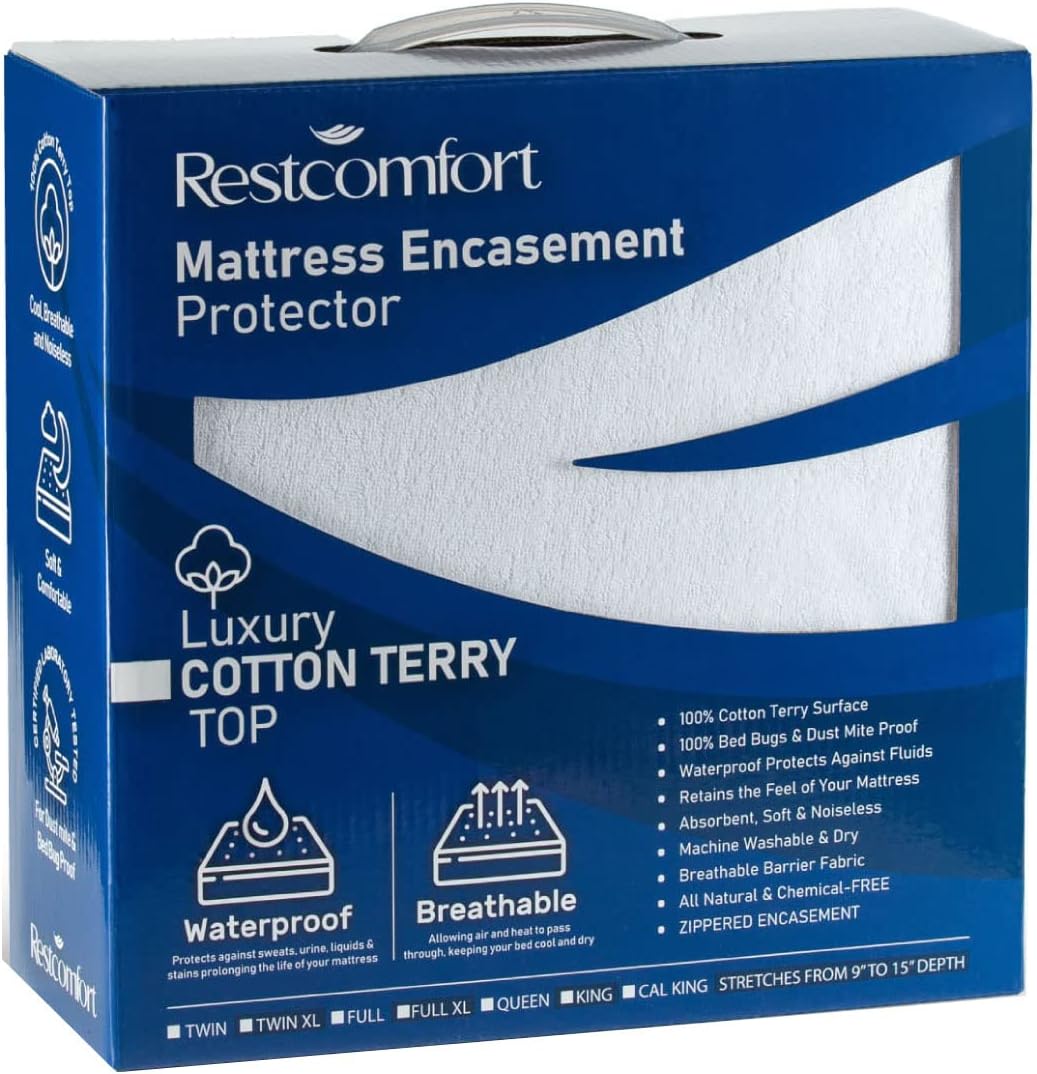 Protector de colchón y funda de felpa de algodón de lujo con cremallera, a prueba de insectos y ácaros, hipoalergénico, resistente al agua, Rest