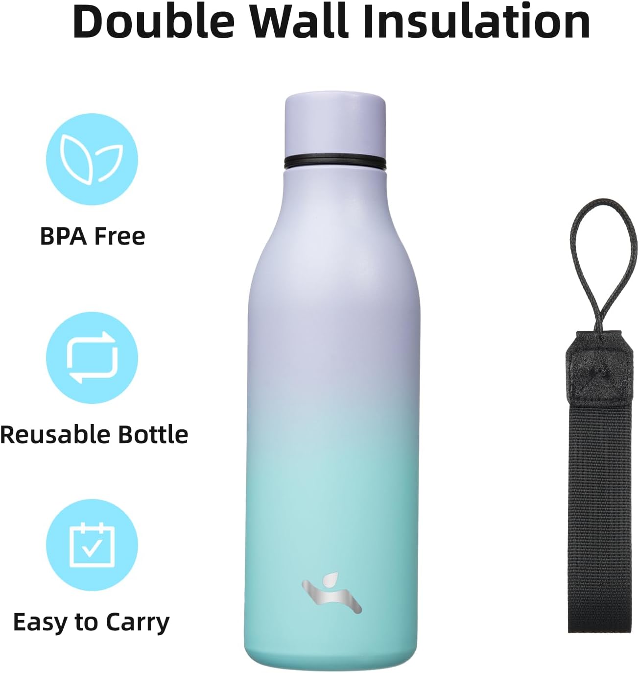 Botella de agua aislada con correa, botellas de vacío de acero inoxidable de doble pared de 18 onzas, botella de agua de metal, Oasis
