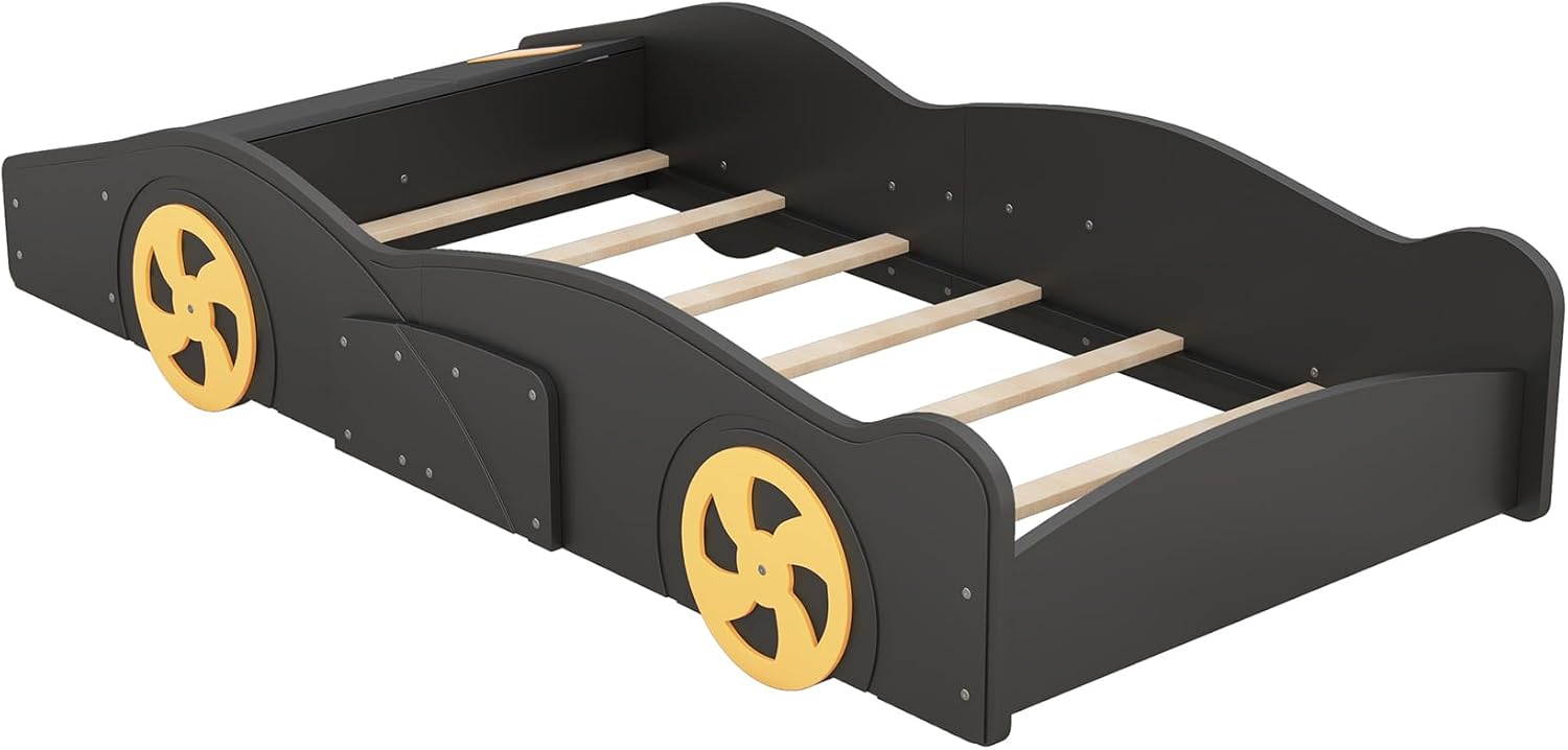 Cama de plataforma en forma de auto de carreras de tamaño individual con ruedas y almacenamiento, marco de cama de madera maciza con barandillas