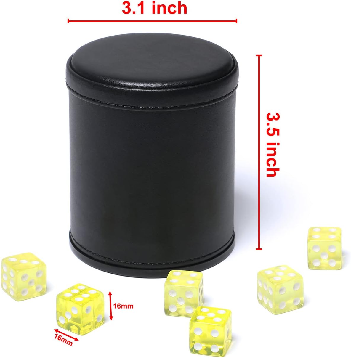 Taza de dados de piel sintética con forro de fieltro, incluye dados de 0.63 pulgadas para juegos de dados Yahtzee Farkle Bar Party Familiar, 2