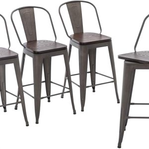 Yongqiang Juego de 4 taburetes de bar giratorios de 24 pulgadas con respaldo alto de metal con asiento de madera, sillas de bar industriales oxidadas Yongqiang Juego de 4 taburetes de bar giratorios de 24 pulgadas con respaldo alto de metal con asiento de madera, sillas de bar industriales oxidadas
