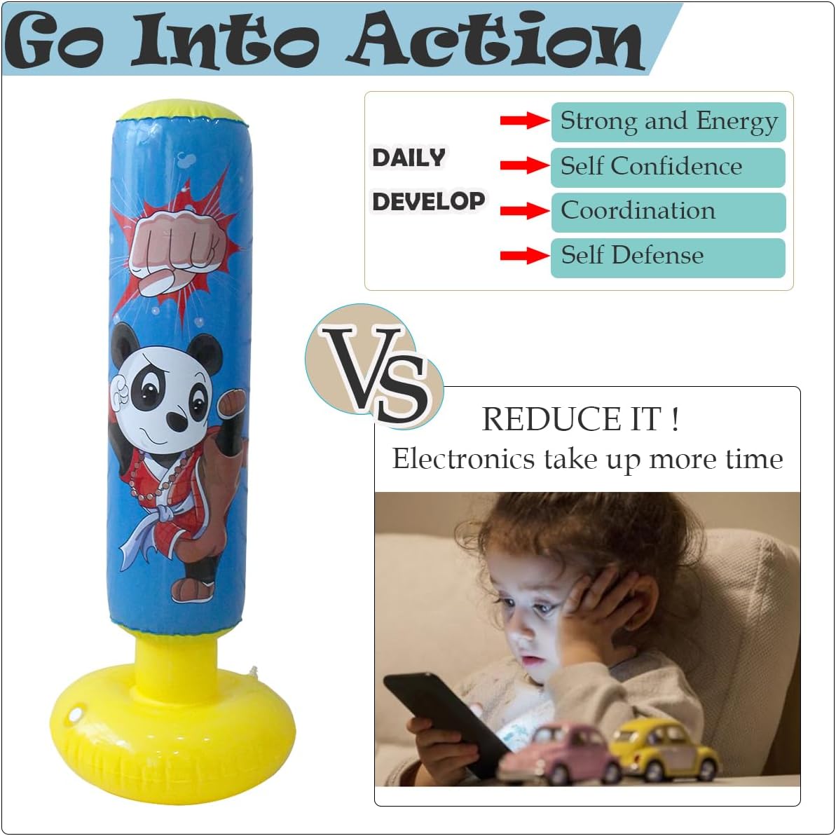 Baiao Punching Bag for Kids, Inflatable Boxing Bag, Kids Punching Bag, for Practicing Karate, Taekwondo, Gifts for Boys & Girls Age 3-12 (47 Height)