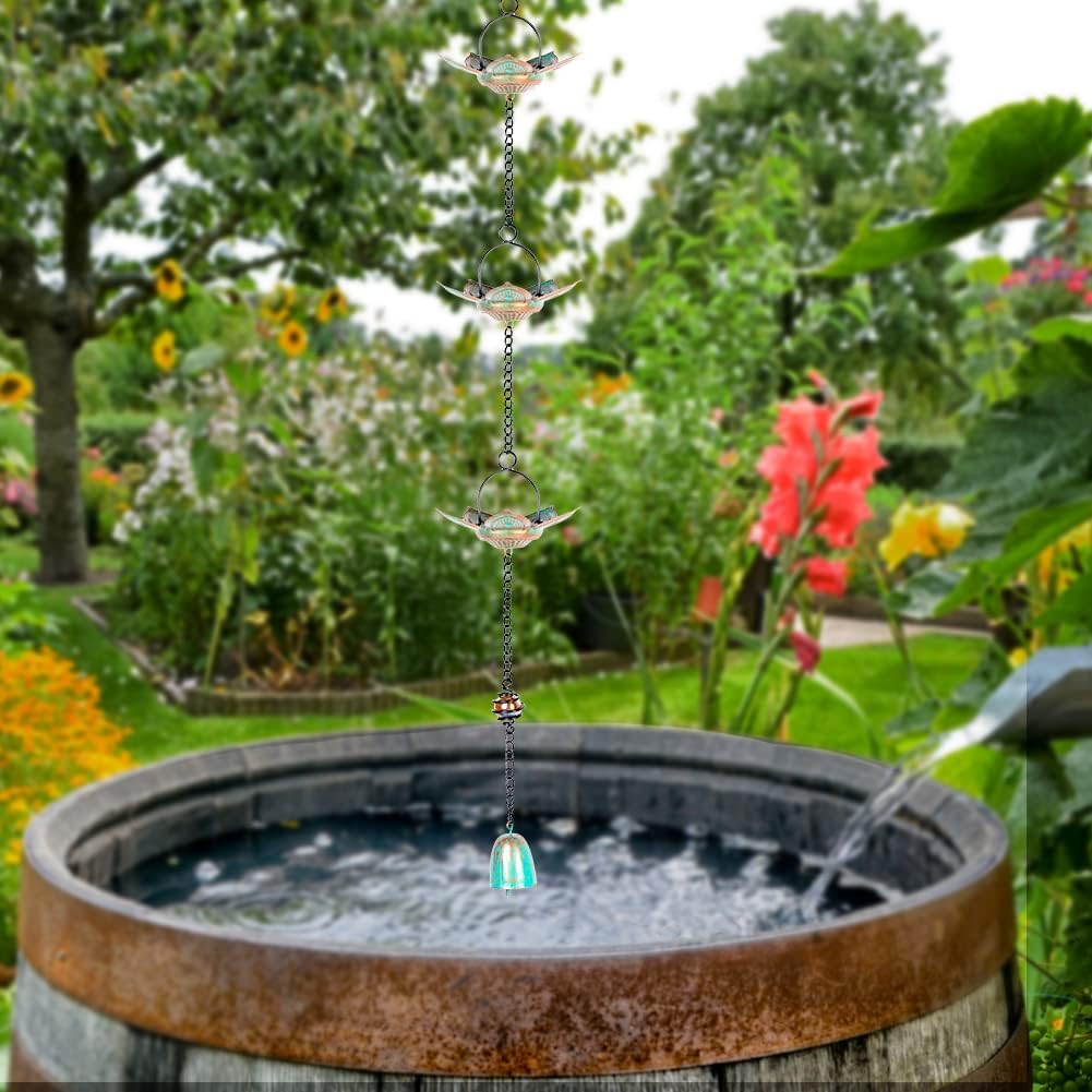 Cadena de lluvia de loto de 8.3 pies, 12 tazas de flores de hierro grueso cadenas de lluvia para canalones, cadena ajustable para drenaje de aleros,