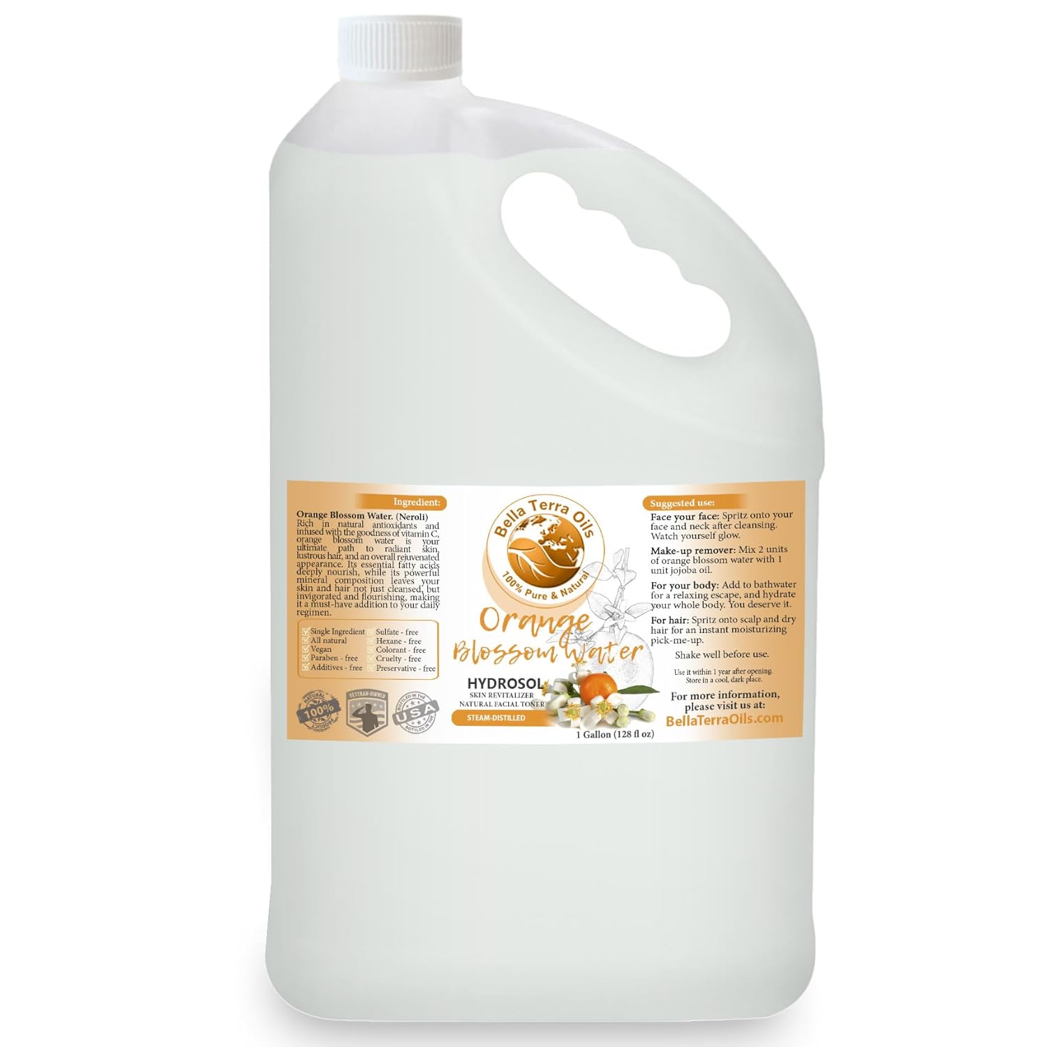 Bella Terra Oils Agua de Azahar (Neroli Hydrosol)  1 galón, refrescante para la piel radiante, aroma natural, revitaliza y brilla