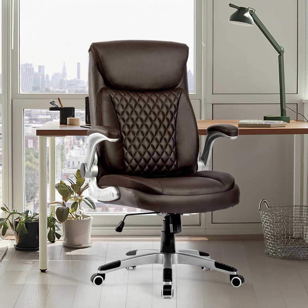 Silla de escritorio ergonómica ejecutiva con reposabrazos abatibles y altura ajustable, 300 libras grande y alta, silla de oficina de cuero