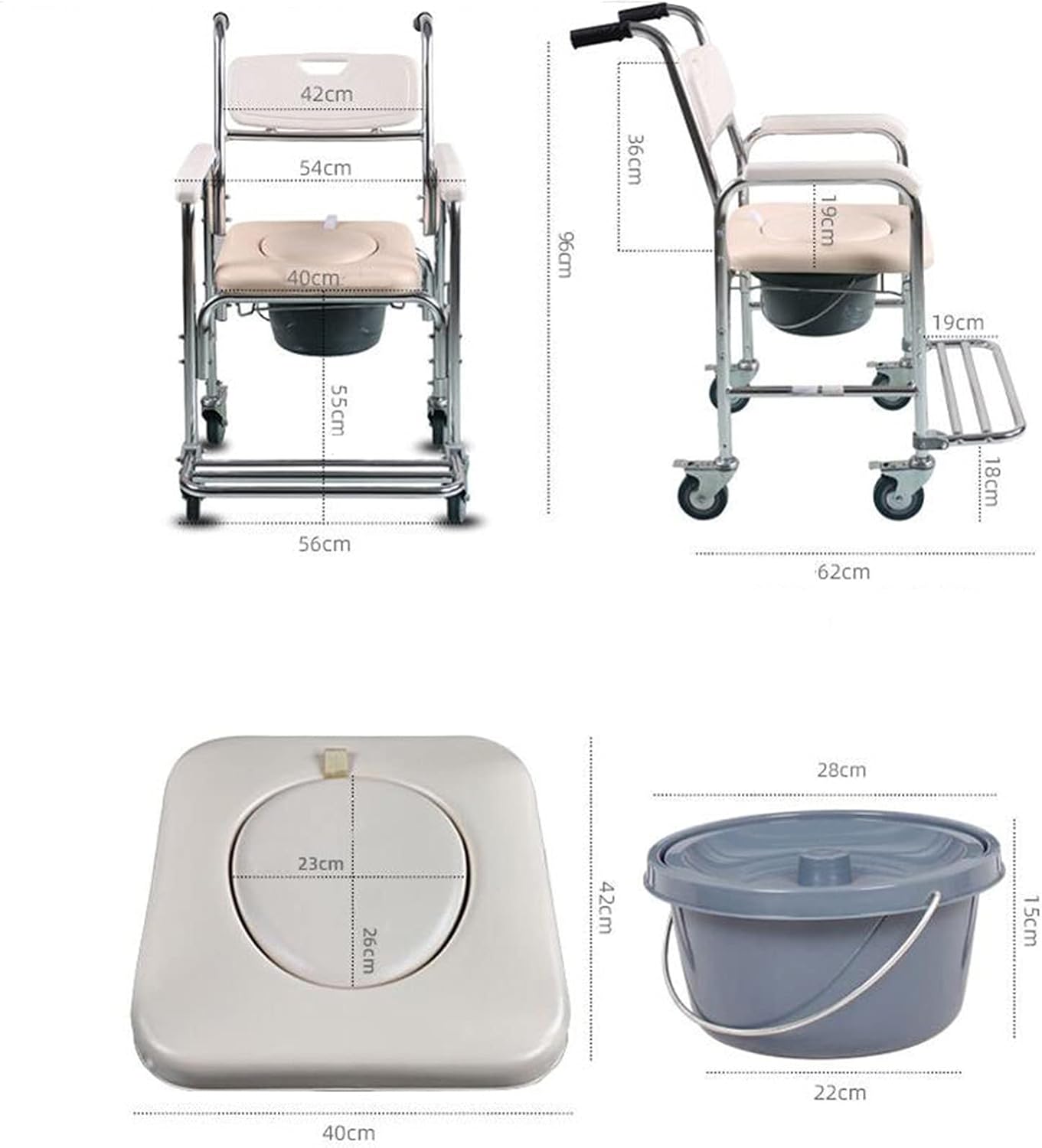 Silla cómoda con ruedas, silla de ruedas, silla de transporte, taburete de baño de 4 ruedas, frenos de 4 ruedasinodoro móvil con pedal plegable para
