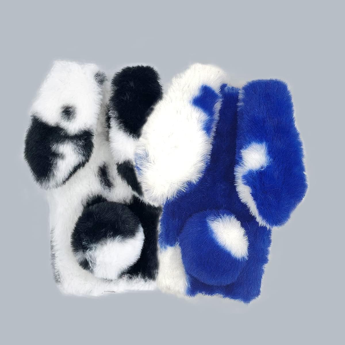 Mikikit Funda de felpa de piel esponjosa azul para A32 5G, lindo conejito manchado peludo femenino funda protectora mullida pelo de conejo, juguete