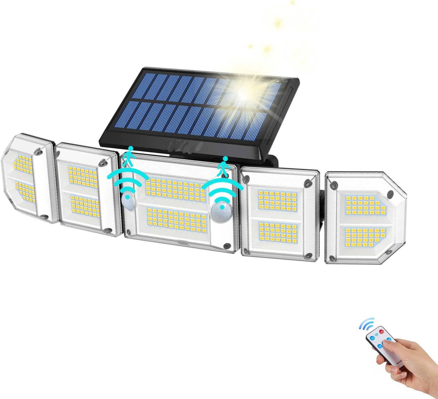 Luces solares para exteriores con sensor de movimiento para exteriores, luces de seguridad de 5 cabezales, funciona con energía solar, 300 luces LED