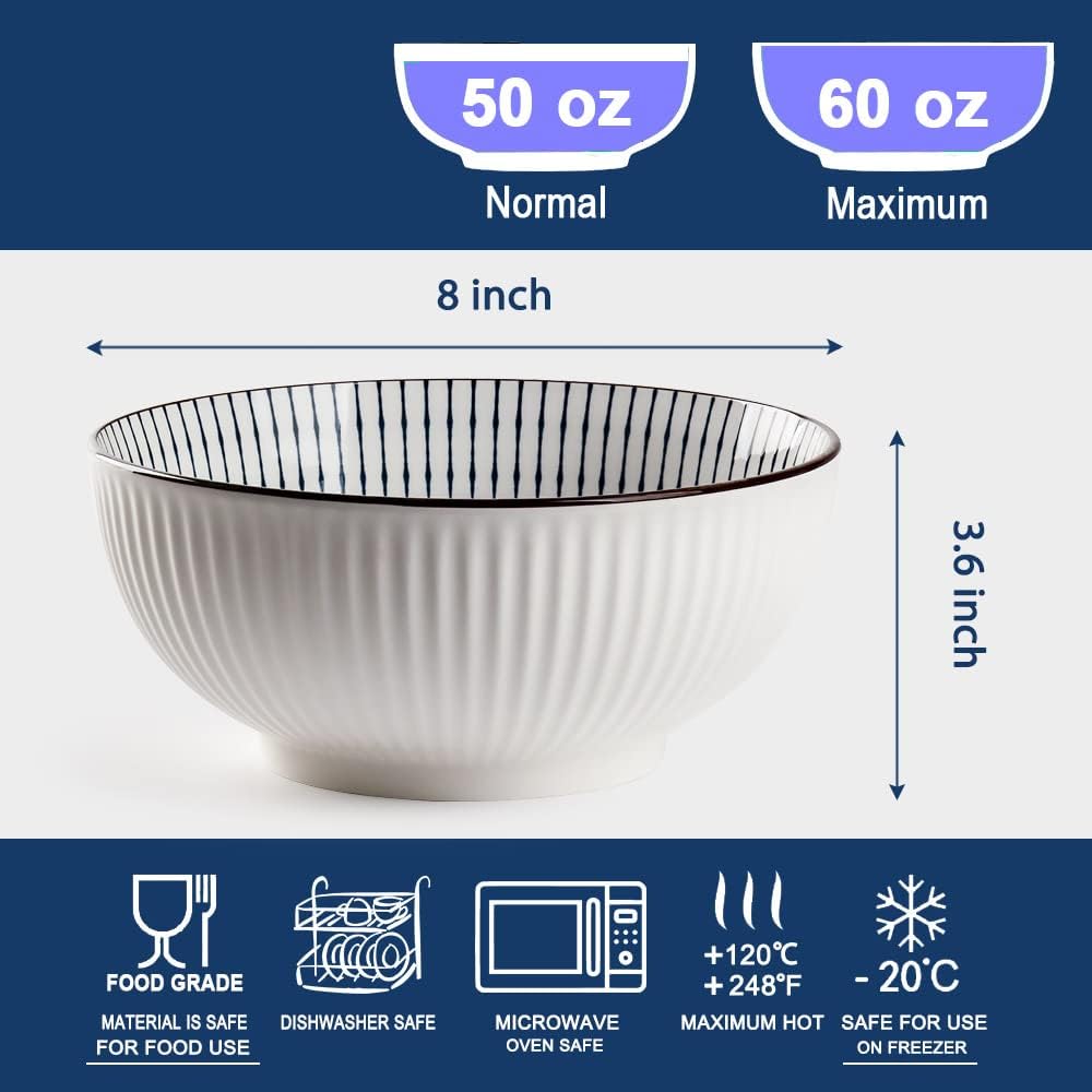 Tazón de sopa grande de 60 onzas, cuencos Pho, juego de cuencos de ramen japonés, juego de 3 cuencos grandes de porcelana, 8 pulgadas, patrón de