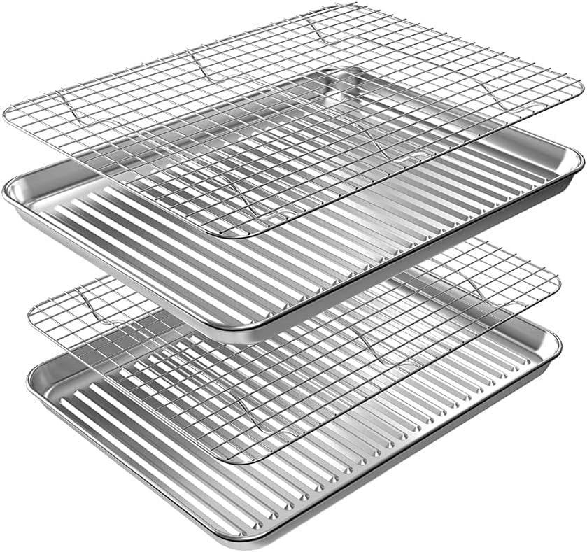 ROTTAY Juego de bandeja para hornear de un cuarto con rejilla de alambre 2 sartenes + 2 estanterías, bandeja de galletas de acero inoxidable para