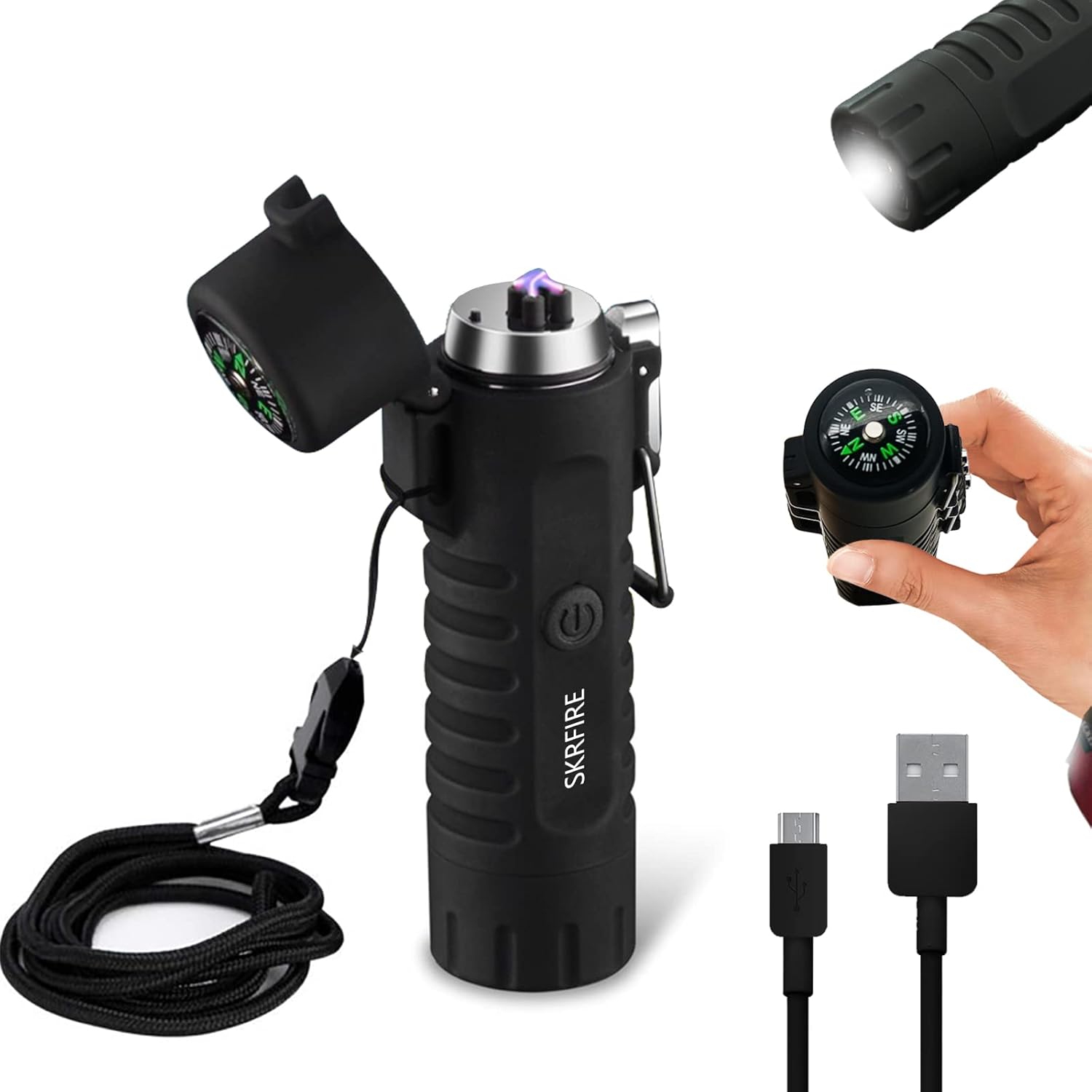 SKRFIRE Encendedor eléctrico recargable USB de plasma de doble arco, impermeable, fresco, portátil, con brújula, linterna a prueba de viento,