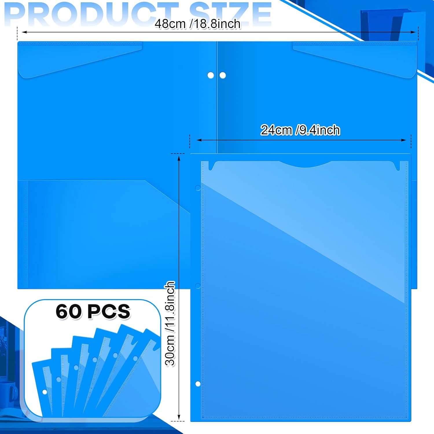 Henoyso Paquete de 60 carpetas de 2 bolsillos con bolsillo frontal transparente de 3 agujeros perforados de plástico resistente con bolsillos para