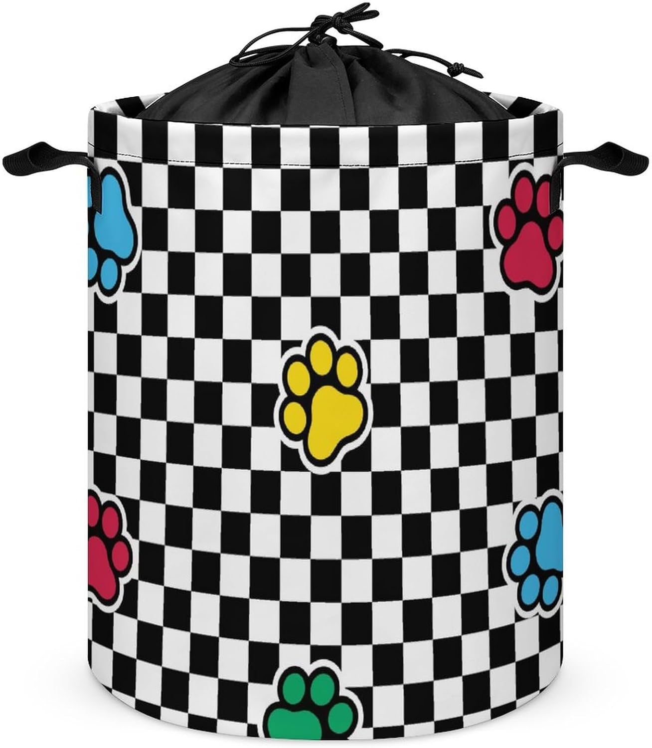 Cesta de lavandería a cuadros de gato plegable con huella de perro con cordón impermeable, bolsa de lavandería para juguetes, contenedor de