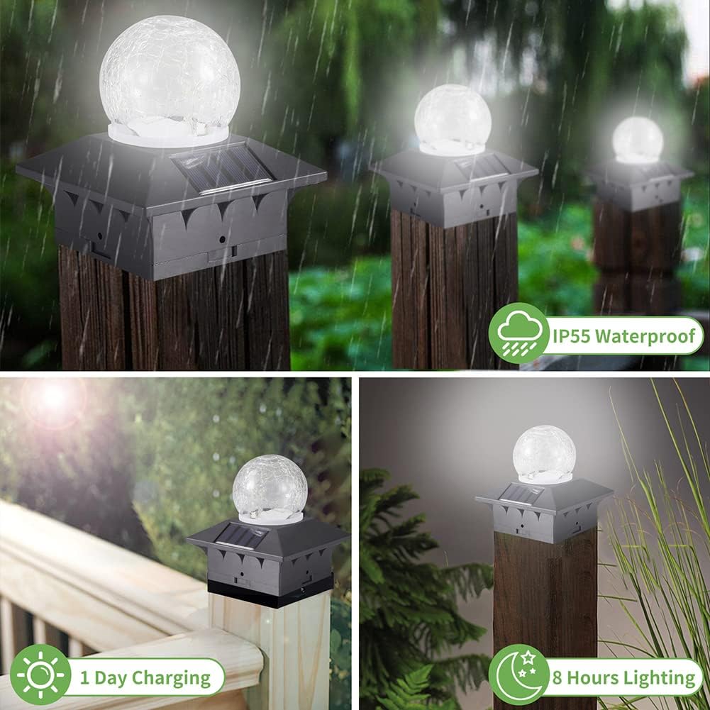 Luces solares para tapa de poste con 2 modos de luz, luces de poste de valla alimentadas por energía solar con lámpara de bola de vidrio agrietado,