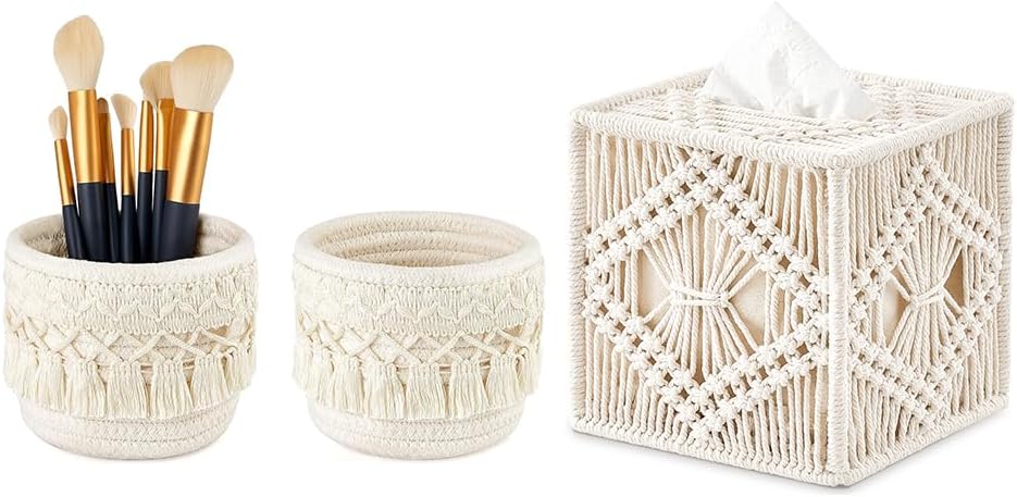 Mkono Soporte para brochas de maquillaje de macramé y cubierta de caja de pañuelos, decoración bohemia para baño, dormitorio, tocador, sala de