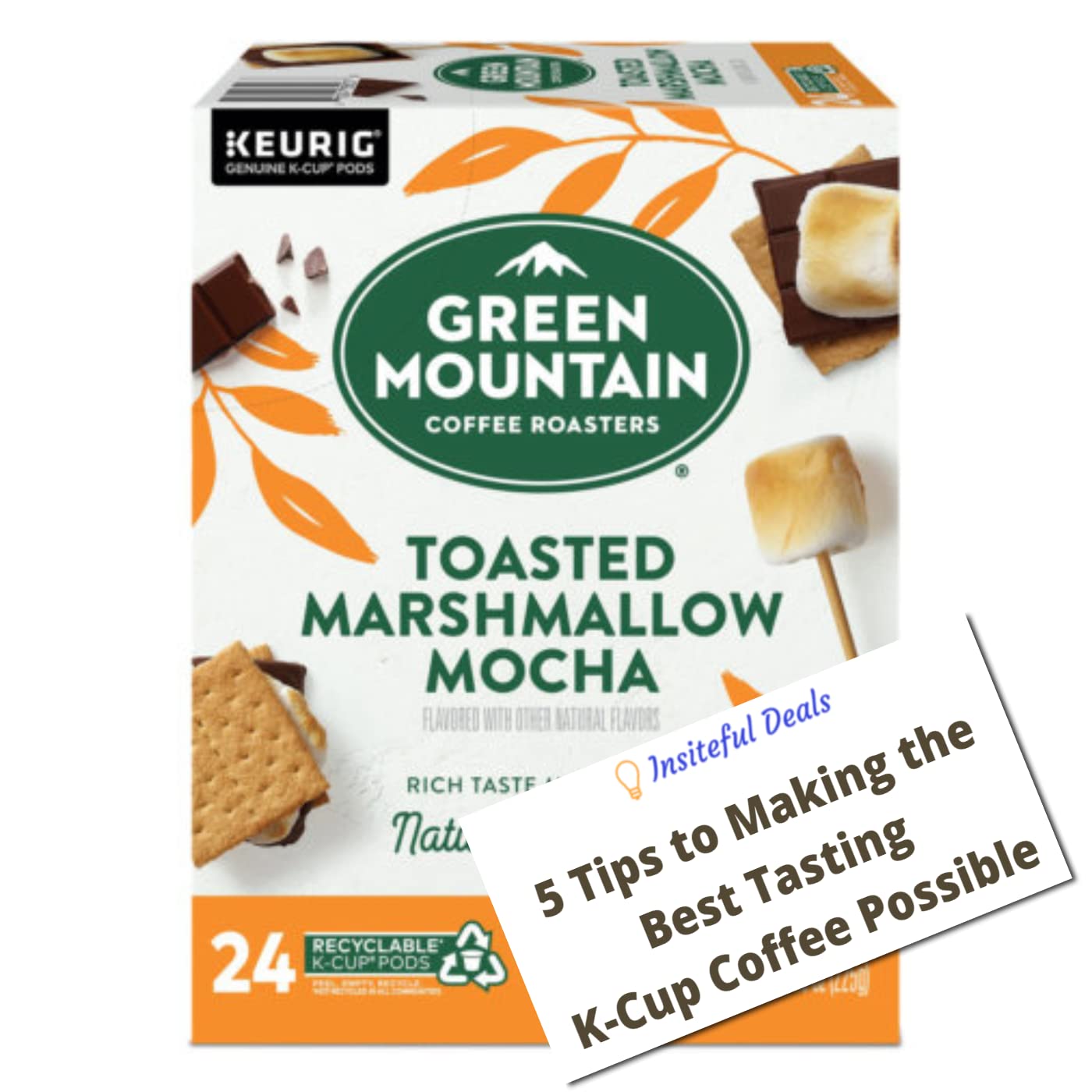 Paquete de tarjetas de malvavisco tostado Mocha K Cups (Green Mountain Coffee) y K Cup Pod Brewing Tips  KCups de tostado ligero con sabor de una