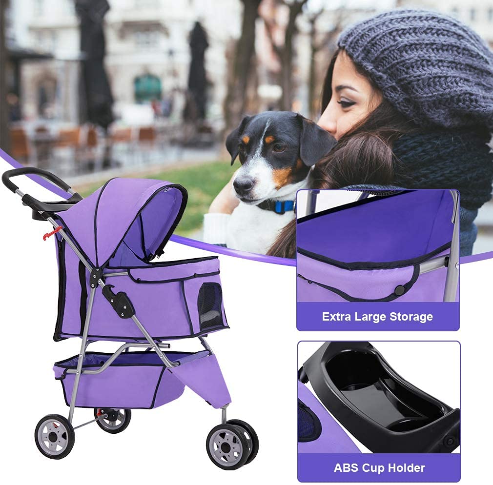 FLL Cochecito para perros y gatos con cesta de almacenamiento, plegable, ligero, para gatos, suave y fácil de caminar, para perros y gatos medianos