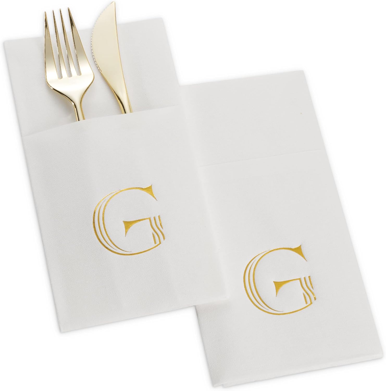 Servilletas con monograma con bolsillo para cubiertos, paquete de 50 servilletas desechables de 16 x 16 pulgadas, papel de aluminio dorado con letra