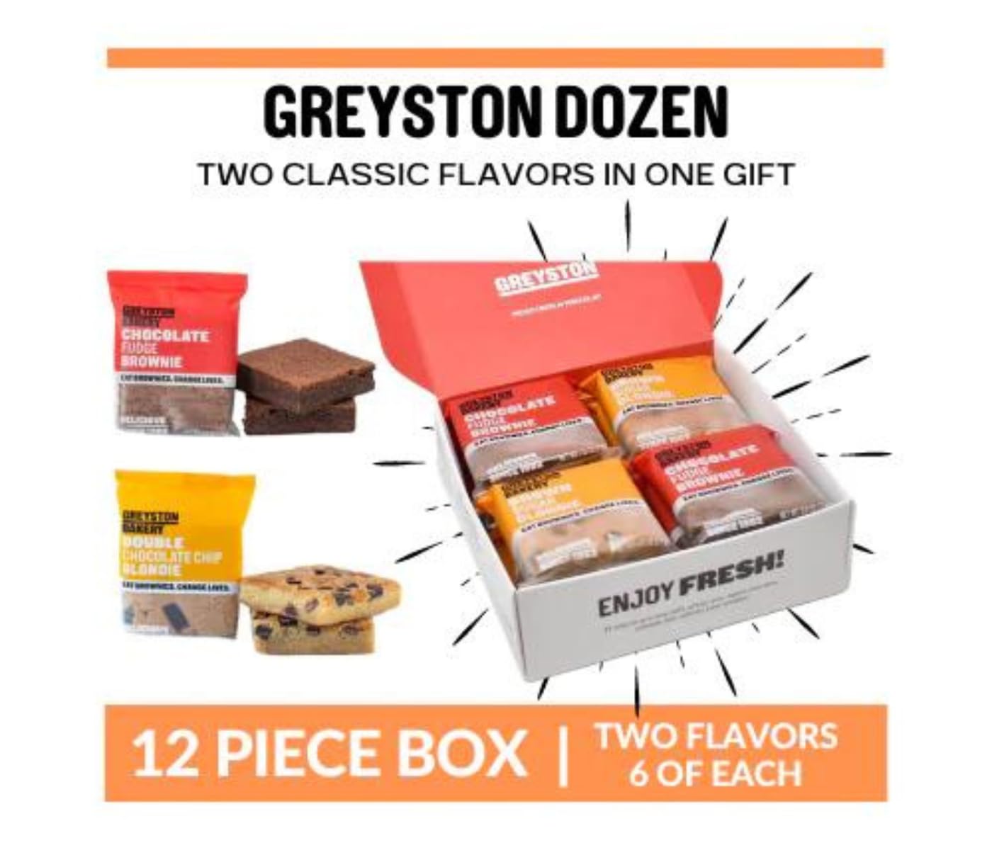 Greyston Bakery Brownie de chocolate dulce de azúcar y doble chispas de chocolate blondie-horneado fresco, 12 piezas, certificado Kosher y B