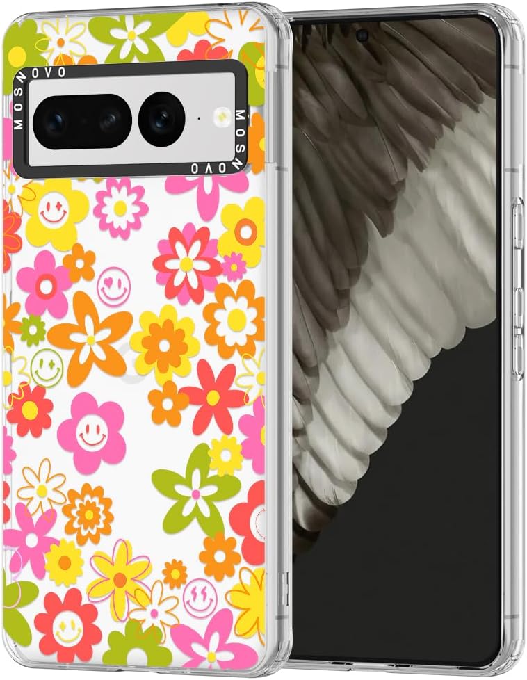 MOSNOVO Funda compatible con Google Pixel 7 Pro 5G, diseño floral transparente de los años 70, carcasa rígida de plástico transparente con
