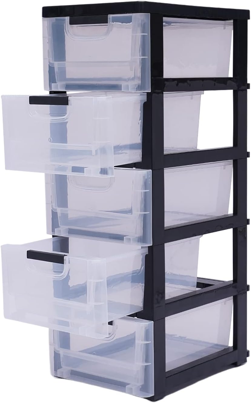 Gabinete de almacenamiento de plástico con 5 cajones, caja de almacenamiento vertical apilable para ropa, organizador de torre con puertas