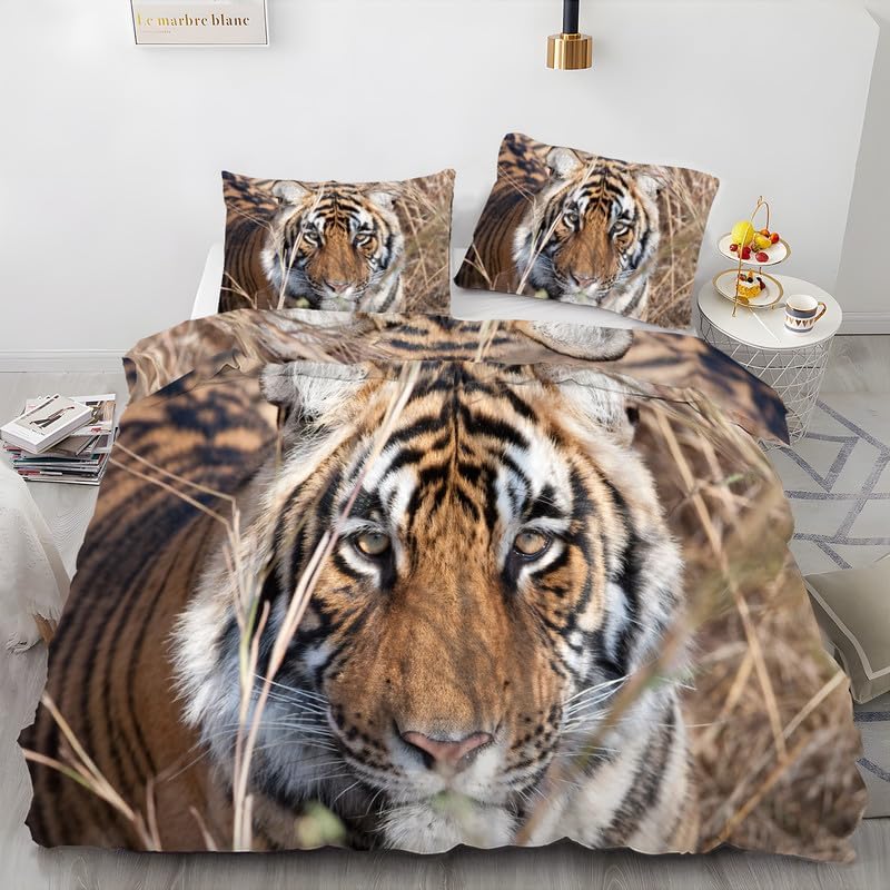Brown Tiger Duvet Cover Queen Animal Print Bedding Sets Queen Soft Microfiber Comforter Cover and 2 Pillow Shams 20″X26″, Bed Set Duvet Covers with