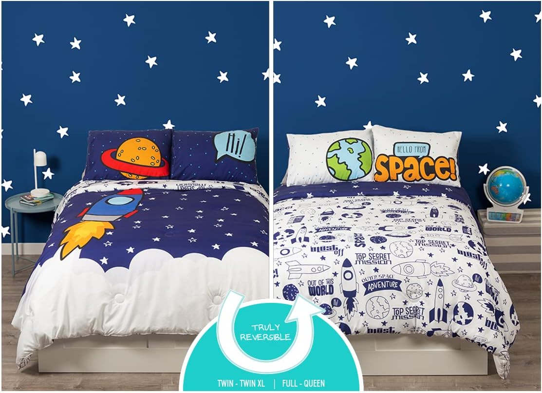 Juego de ropa de cama de microfibra verdaderamente reversible y súper esponjosa de 5 piezas para niños pequeños y niños, diseño de cohete espacial