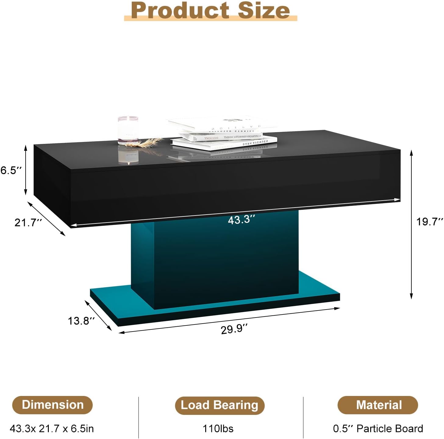 Mesa de centro LED para sala de estar, mesa de centro moderna de alto brillo con luces LED de 16 colores, mesa de centro rectangular inteligente de