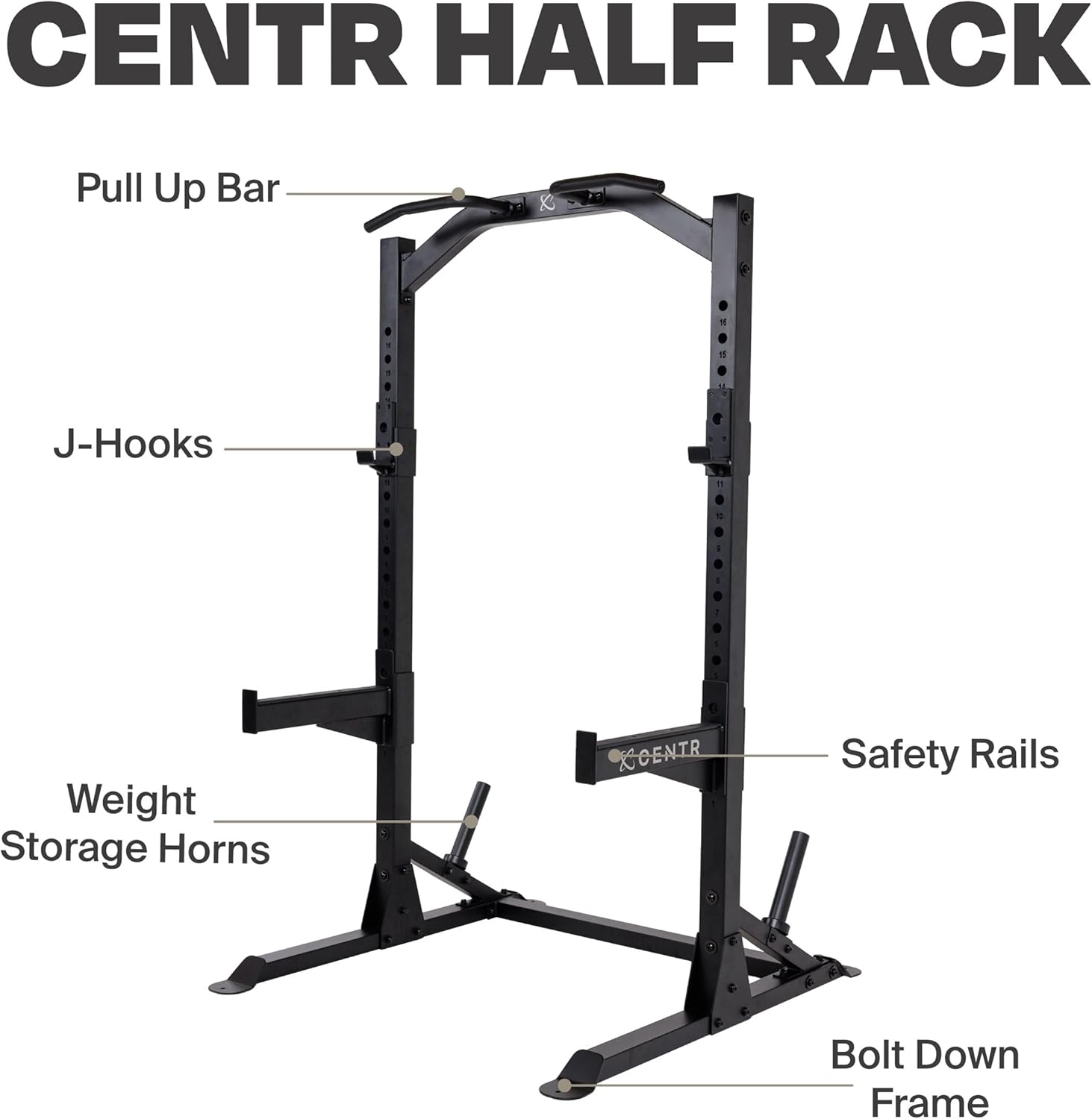 Centr Half Rack – Estante de acero de calibre 7 con ganchos en J, barra de dominadas y almacenamiento de peso, media rejilla para gimnasio en casa o