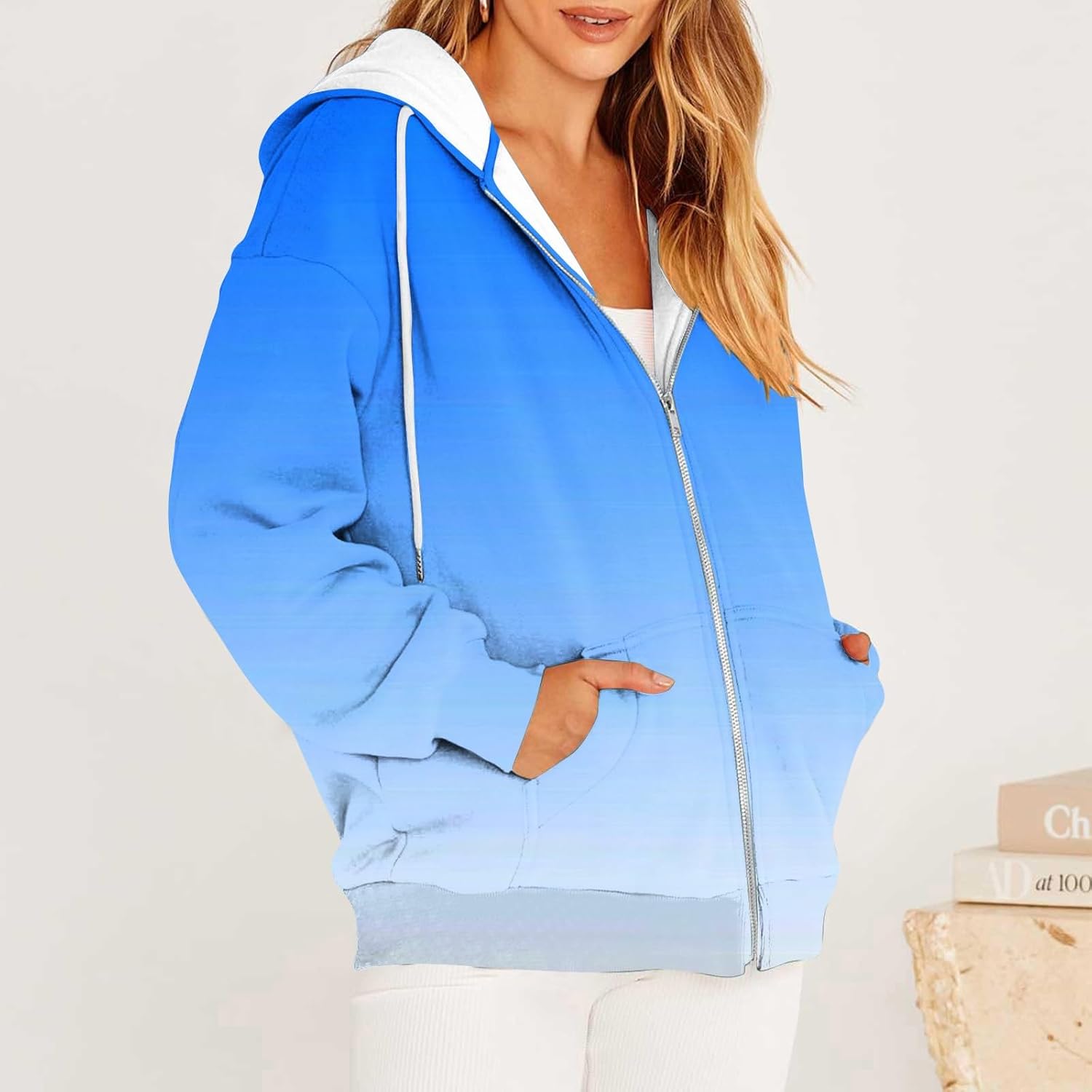 Chaqueta de teñido anudado degradado para mujer, con cremallera, talla grande, Y2K, sudaderas con capucha para otoño, manga larga, gruesa y cálida,