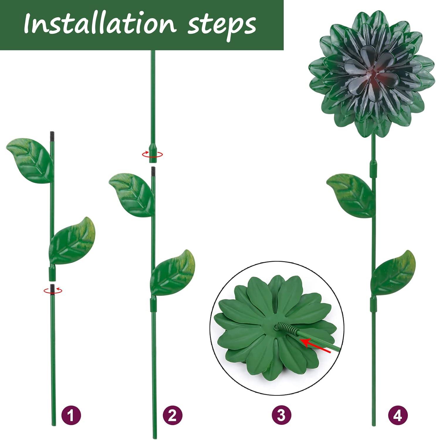7 estacas de metal para jardín, flores de primavera de metal de 15 pulgadas, decoración al aire libre, decoración artística de patio, plantas de