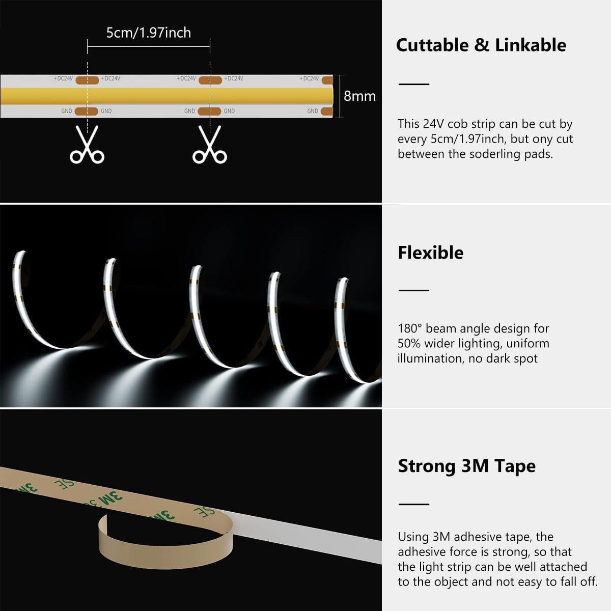 COB – Tira LED regulable de 16.4 pies, luz blanca cálida regulable de 3000 K, blanco cálido brillante, CC 24 V, 1600 LED, CRI90, luces LED flexibles
