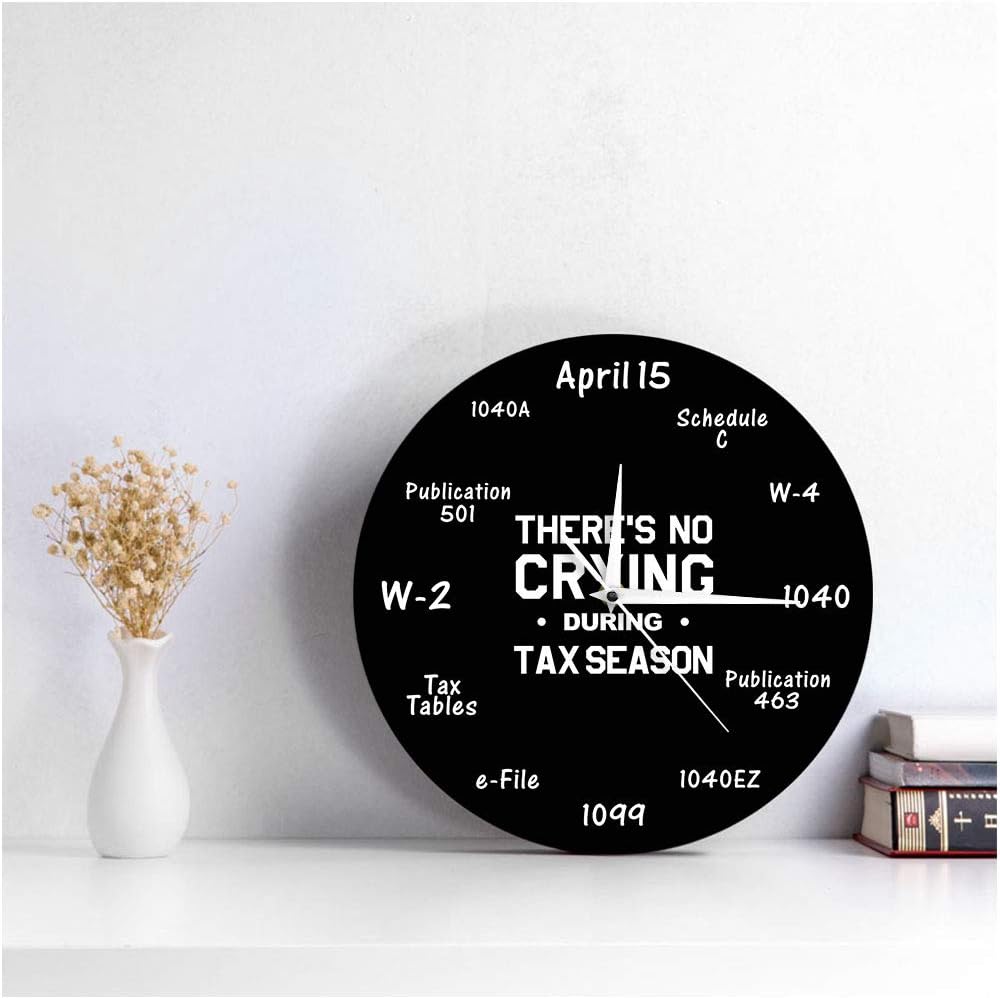 Reloj de temporada de impuestos, 12 x 12 pulgadas, negro, analógico, funciona con pilas, movimiento de cuarzo, tic silencioso, divertida decoración