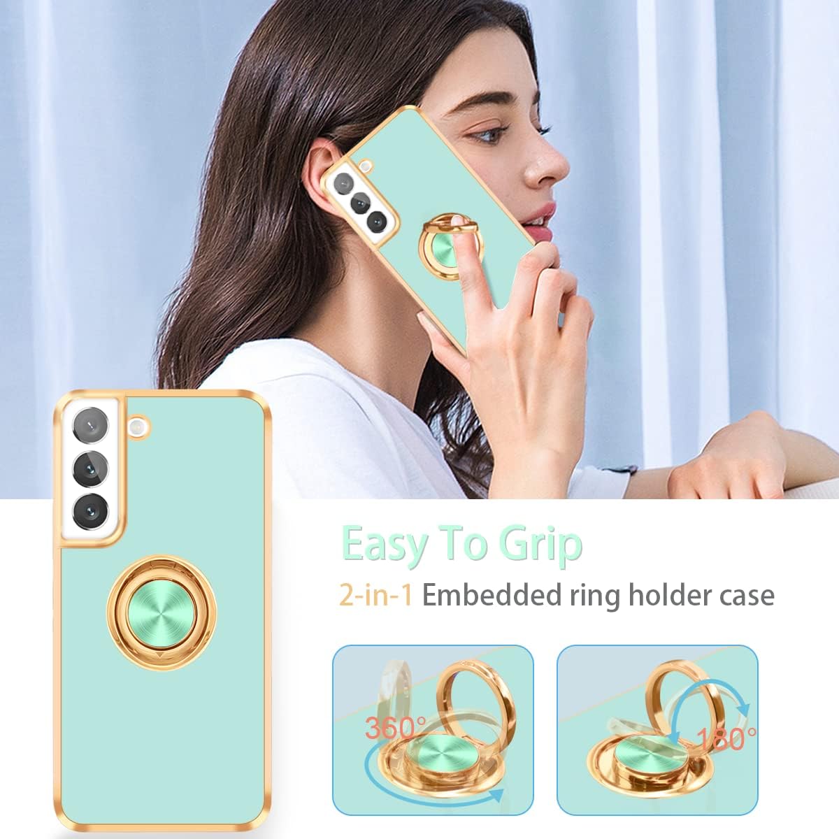 Fingic Funda para Samsung Galaxy S22, Galaxy S22 con soporte de anillo, soporte de anillo giratorio de 360 magnético borde dorado brillante Funda