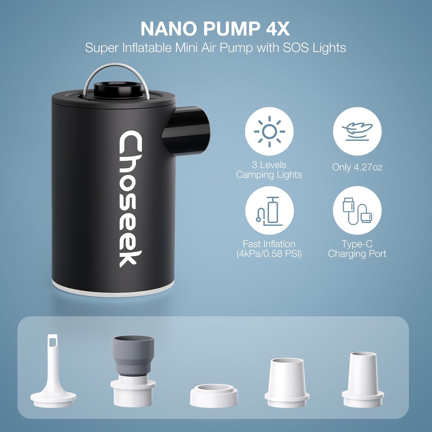 Bomba de aire portátil para inflables, bomba de colchón de aire ultra mini 4X con luz de campamento, bomba de aire recargable USB para flotadores de