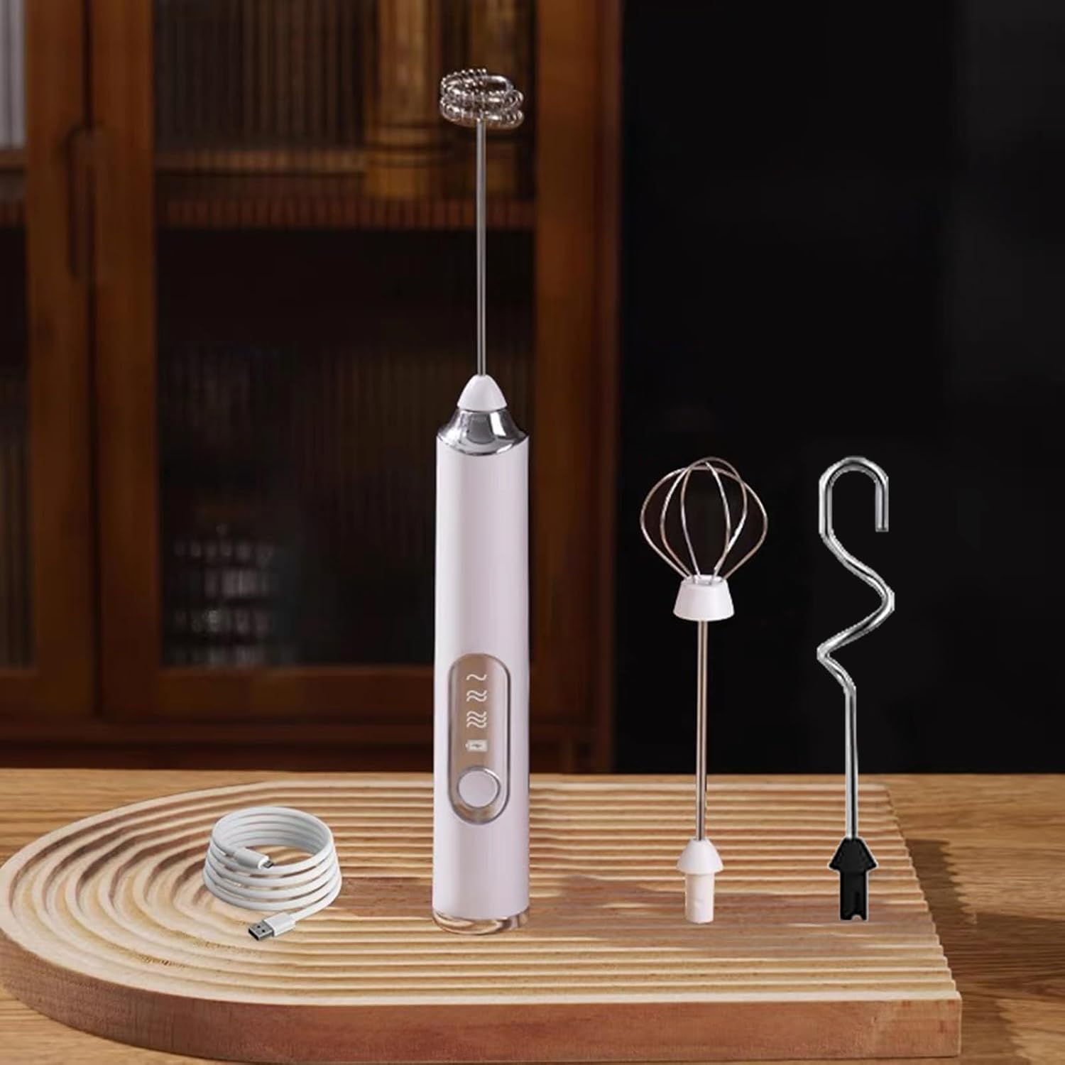 MOSHOU Espumador de leche eléctrico de mano con 3 cabezales, batidor de espuma de café con USB recargable 3 velocidades, mini batidora de mano