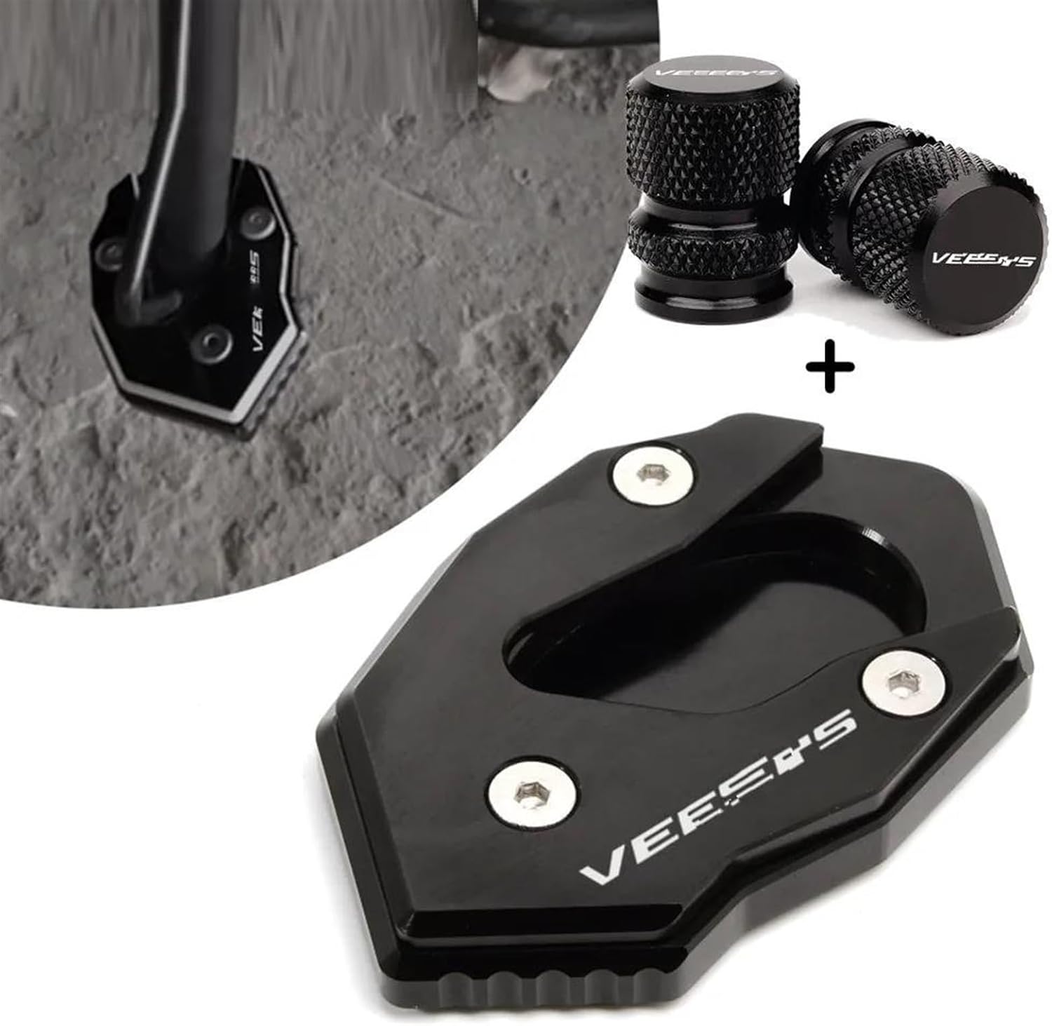 Motorcycle Kickstand Extension Plate Side Stand Enlarger Pad Valve Caps for Kawasaki for Versys 300 for VERSYS X300 X250 (Color  Black)