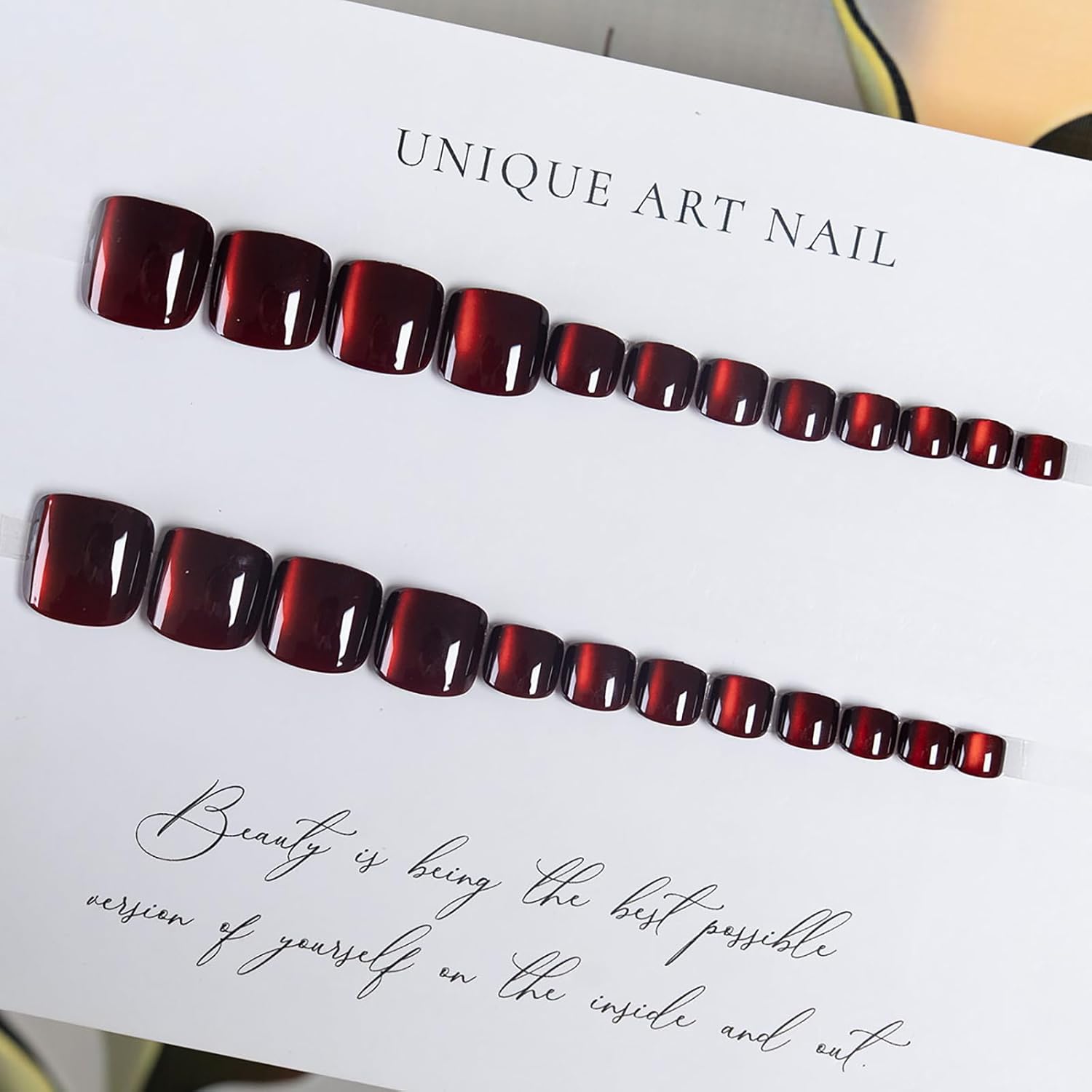 Uñas postizas hechas a mano, color rojo vino, uñas postizas cuadradas cortas con diseño de cobertura completa, acrílicas, lindas uñas de verano, 24