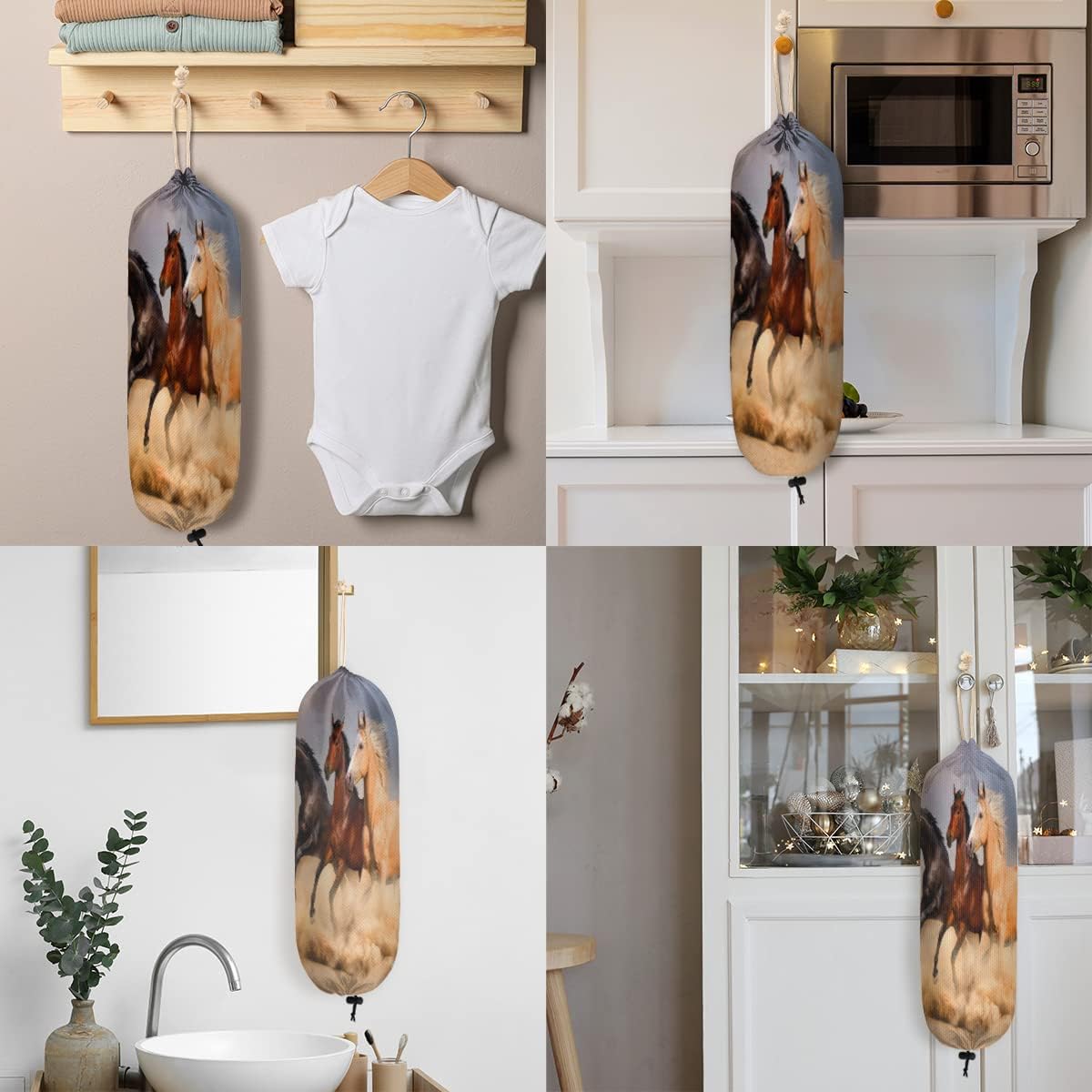 Soporte de bolsa de plástico reutilizable para caballos corriendo de animales, soporte para bolsa de comestibles, lavable, organizador de bolsas de